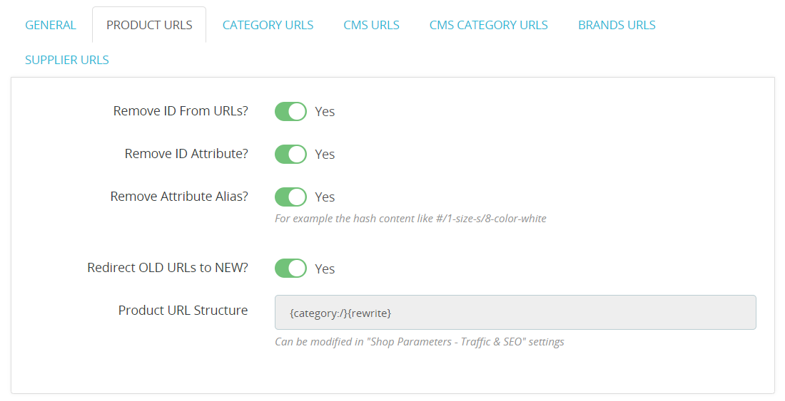 product url settings